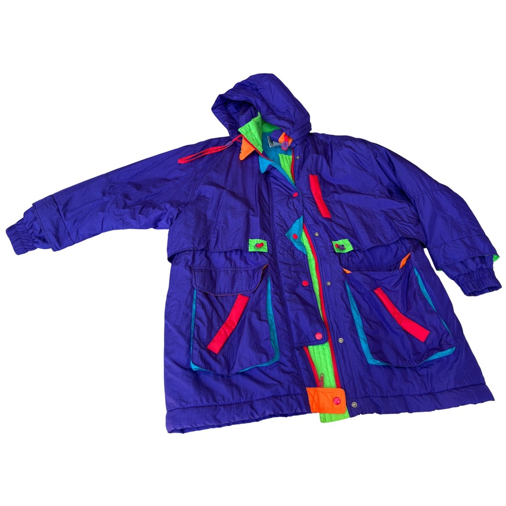 Vintage 80s Neon Ski Jacket Womens 2X 18 20 Purple Colorblock Vaporwave Gorpcore